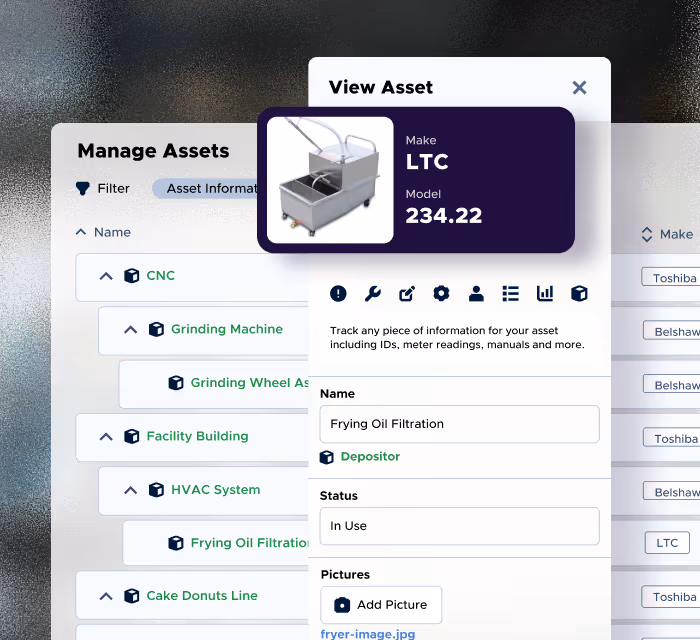 Asset management interface displaying details for a frying oil filtration asset including name, status, and a picture of a stainless steel fryer unit.